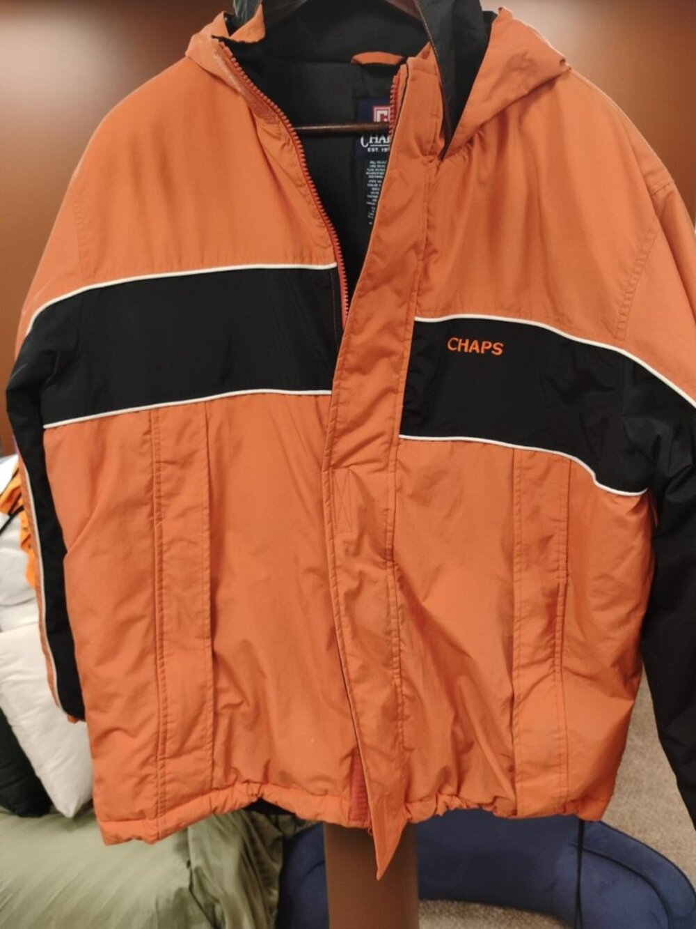 CHAPS Men's Large Insulated Hooded Windbreaker Jacket Orange Black Colorblock